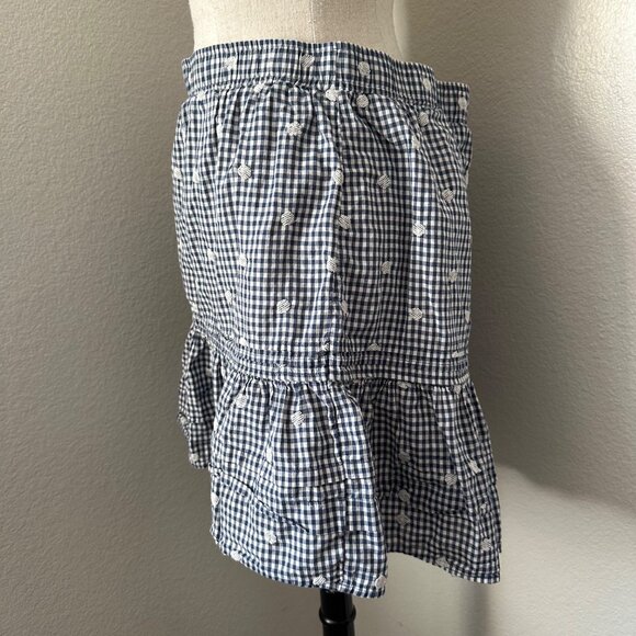 Madewell Embroidered Pintuck Tiered Navy Gingham Mini Skirt Sz L - Picture 5 of 8